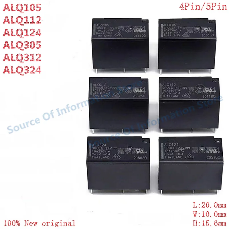 10Pcs ALQ105 ALQ112 ALQ124 ALQ305 ALQ312 ALQ324 4Pin Normally Open /5Pin Changeover  Relay 10A PCB Power Relay DC5V 12V 24V