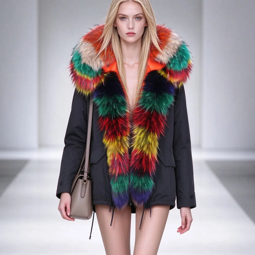 Women's Natural Fur Coat Winter Jacket with Real Raccoon Fur Collar Warm Thick Parkas with Removable Faux Fur Lining Short