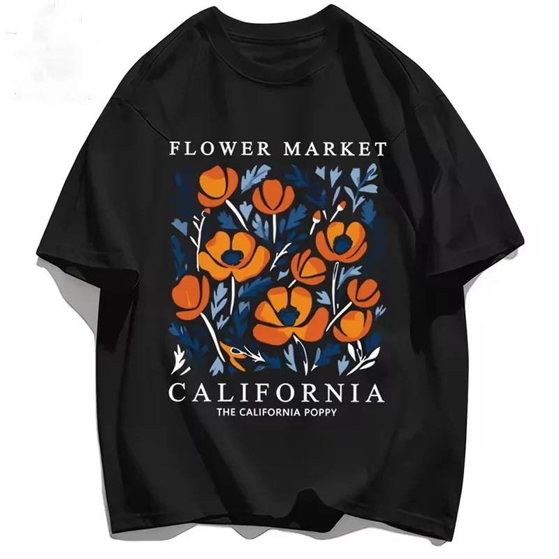 New Flowers Market California Printed T-shirt Women's Soft Round Neck Short Sleeve Casual Top Y2K Short Sleeve Street Wear