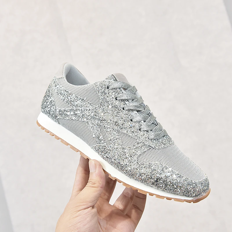 New Fashion Women Glitter Sneakers Casual Bling Vulcanized Shoes Female Mesh Lace Up Platform Comfort Fashion Shoes Plus Size 43