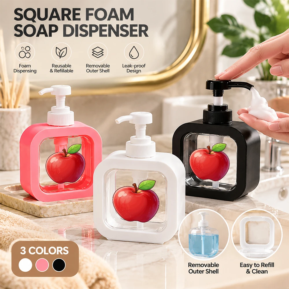 1PC Square Soap Dispenser, Pump Bottle, Red Apple Print, Refillable Hand Soap/Lotion/Shampoo for Bathroom/Kitchen