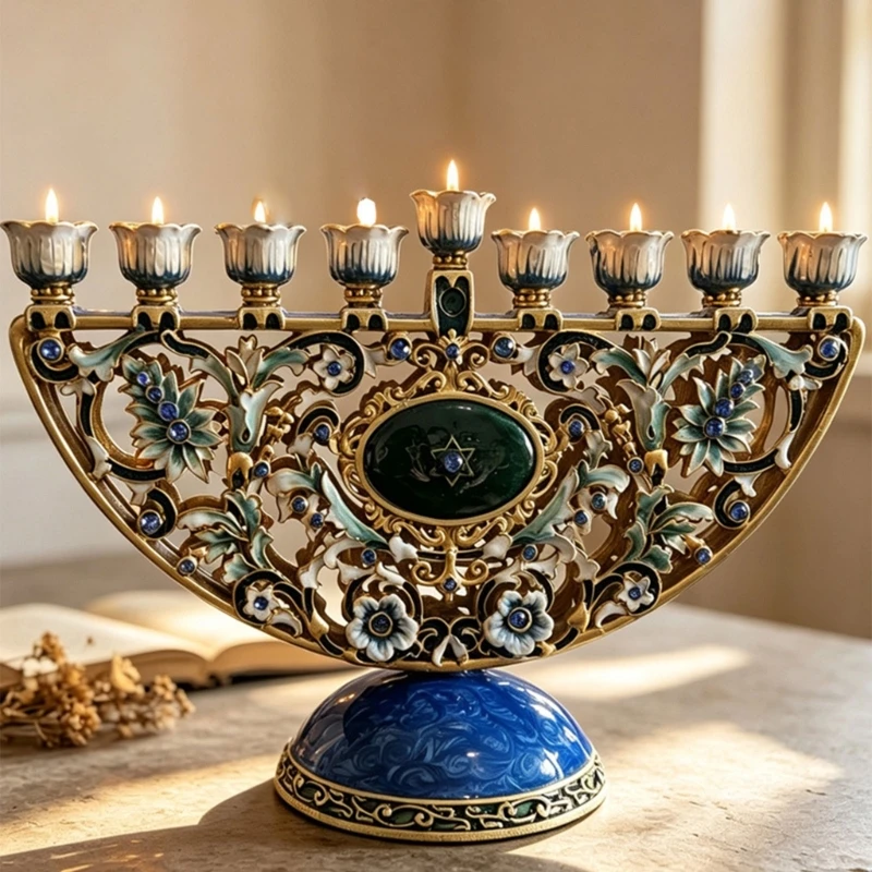 Menorah Jewish Festival Candelabrum, 9 Branch Hanukkah Display with Raised Center Position, Pedestal Base, and Decorative Y5GB