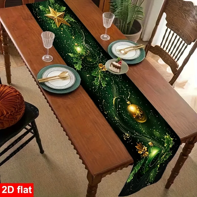 2D Flat Christmas-Themed Tablecloth in Deep Green Featuring Sparkling Golden Pattern Adorned with Classic Christmas Table Runner
