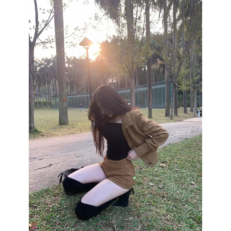 Retro Maillard Coffee Color Short High-end Design Imitation Suede Jacket Women's Spring and Autumn New Slim-fitting Short Coat