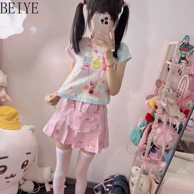 夏の和風スイートガールスカートピンクかわいいソフトガールスタイル万能スカート子供ハイウエスト刺繍プリーツスカート