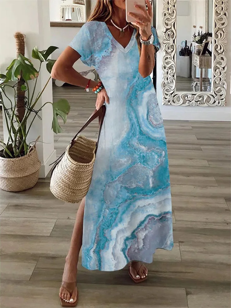 Artistic Printing T-Shirt Style Long Dress Women's V-Neck Slit Maxi Dresses Summer Vacation Party Dress Robe