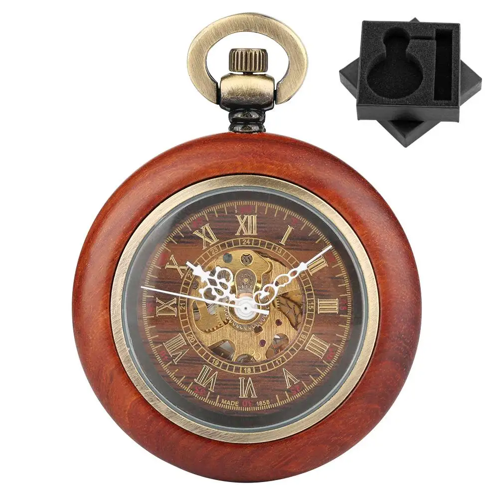 Luxury Retro Red Wood Watch Case Automatic Mechanical Pocket Watch Open Face Men's Pendant Clock Gift with Bronze FOB Chain