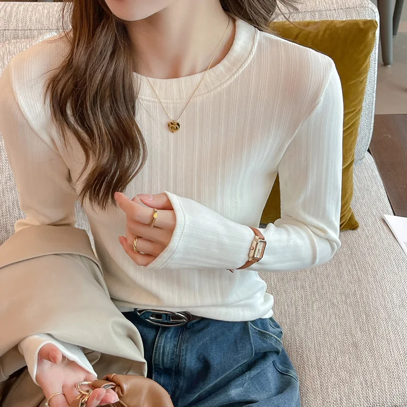 New Style Threaded Round Neck Bottoming Shirt for Women Autumn Winter Long-sleeved T-shirt German Velvet Top