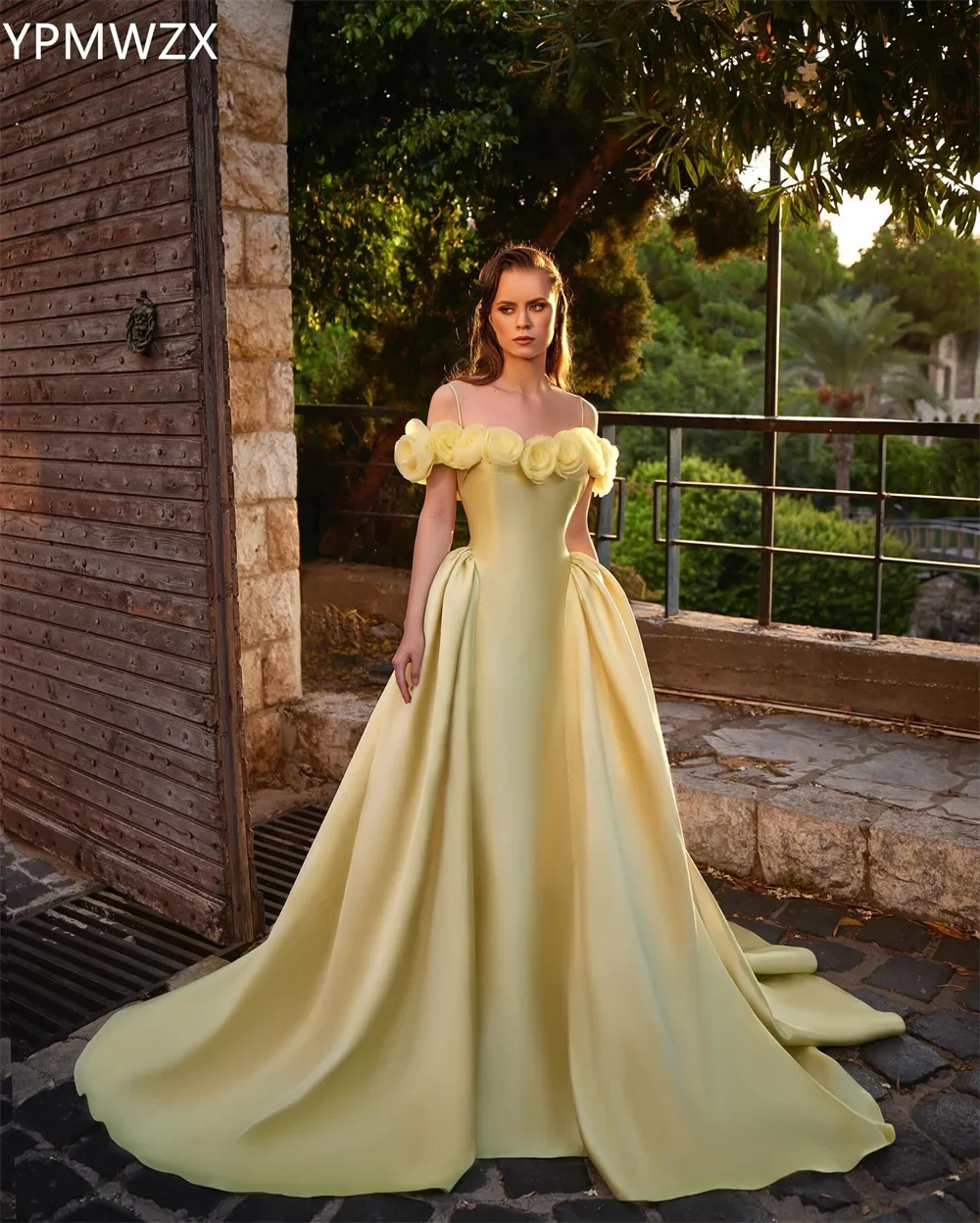 Customized Prom Gown Formal Women Party Occasion YPMWZX Off-the-shoulder Ball Floor Length Skirts Draped Applique 3D Flower Besp