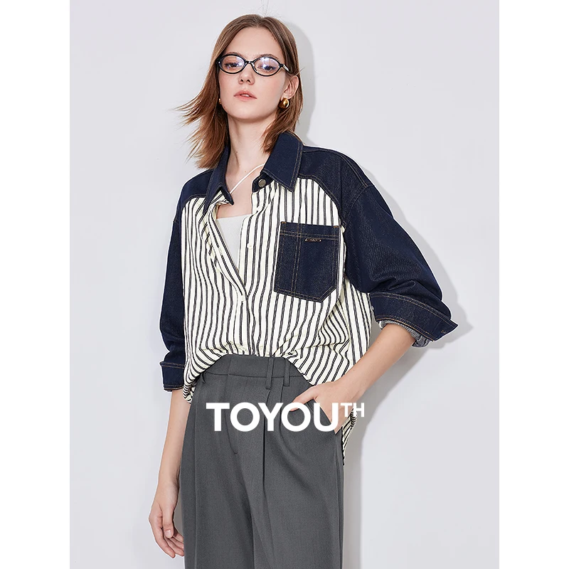 TOYOUTH Women Blouse Shirt 2025 Spring New Denim Patchwork Striped Blue Turn Down Collar Blouse Tops