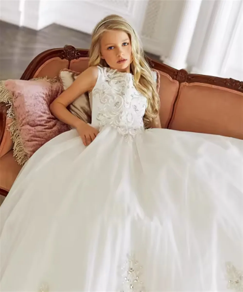 

White Flower Girl Dress for Wedding Lace Appliques Sleeveless Baby Girl Birthday Party Dress First Communion Gown Customized