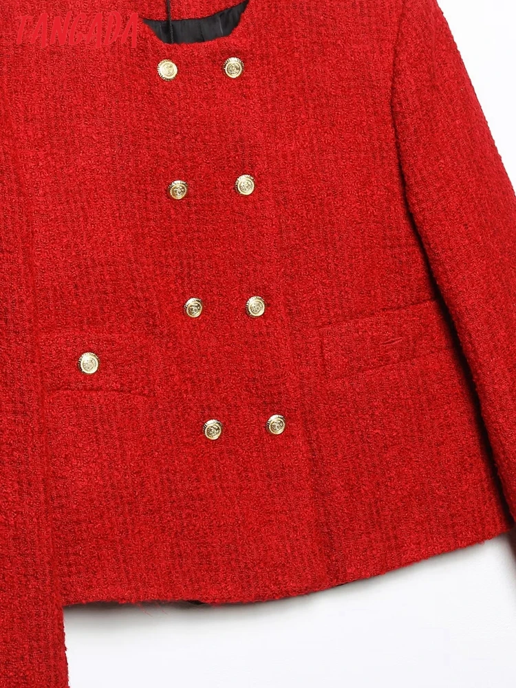 Tangada Spring Women Red Tweed Thick Suit Long Sleeve Pocket Female Crop Coat 6H454