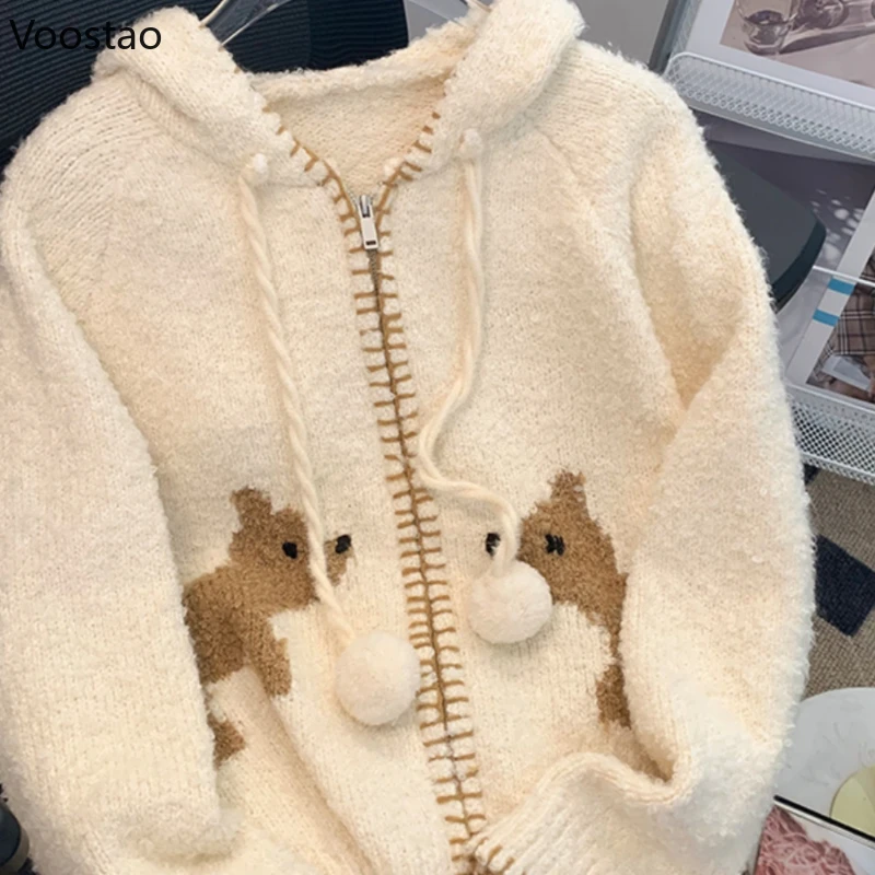 Sweet Knitted Cardigan Women Vintage Cartoon Doggy Hooded Zipper Sweater Coat Female Fashion Casual Loose Knitwear Jacket Tops