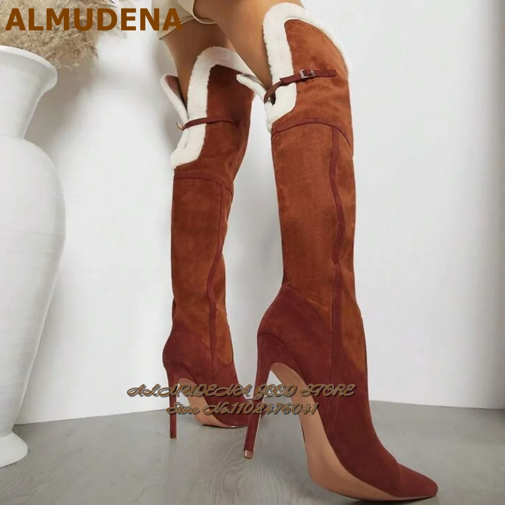 

ALMUDENA White Teddy Fur Decor Over The Knee Boots Brown Suede Stiletto Heel Pointed Toe Thigh High Boots Patchwork Party Sheos