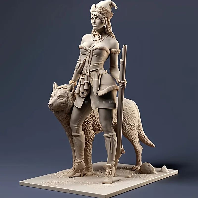 

1/24 75mm Resin Model Figure A Female Hunter With A Dog Gk Micro Miniature 3d Printed White Model Toy Unassembled And Unpainted