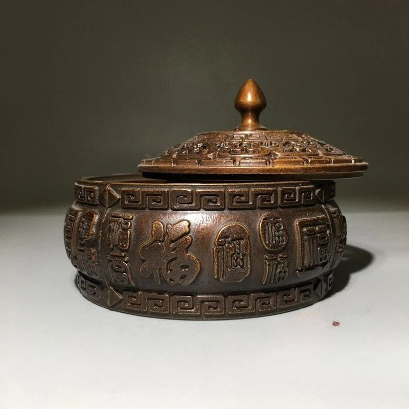 Pure Copper Hand-Carved Hundred Blessings Treasure Basin Incense Burner, Ashtray, Home Decor Tabletop Ornament