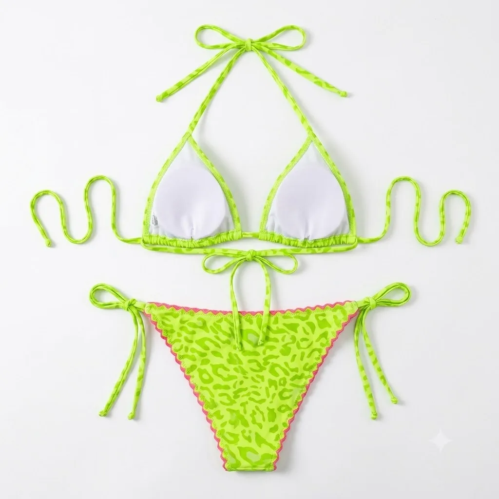JEWELRY SEN Women Neon Green Leopard Print Halter Triangle Bikini Set 2 Piece Cut Out Side Tie Summer Beach Suit Swimwear