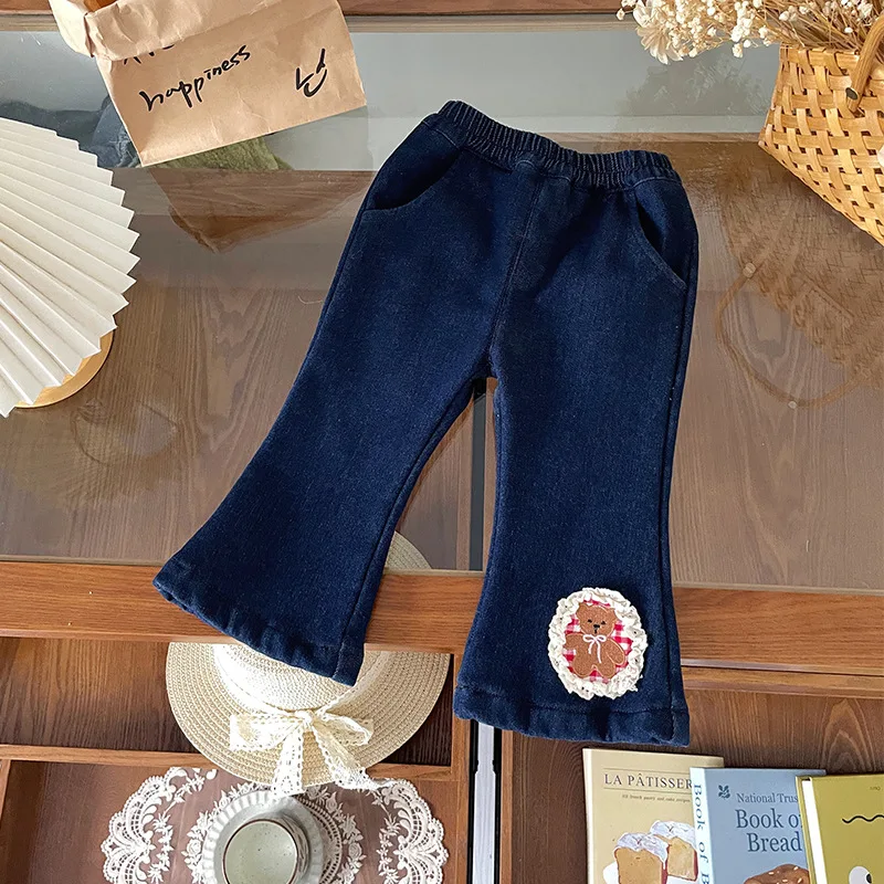 

Kids Baby Girl Jeans 2025 Winter Cartoon Printed Thick Warm Teenager 1-8Y Girls Trouser Casual Mid Waist Toddler Girls Pants