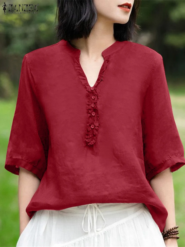 

Fashion Ruffled V-neck Shirt ZANZEA Vintage Women Solid Color Blouse 2024 Summer 3/4 Sleeve Tops Elegant Half Buttons OL Tunic