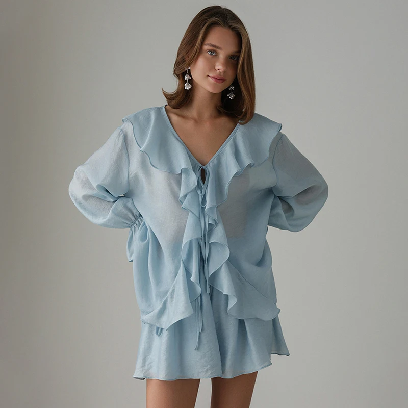 

Tornova Ruffled Shirt Shorts Suit For Women Lace Up V neck Casual Top Loose Shorts High Waist Fashion Office Lady Party Clothes