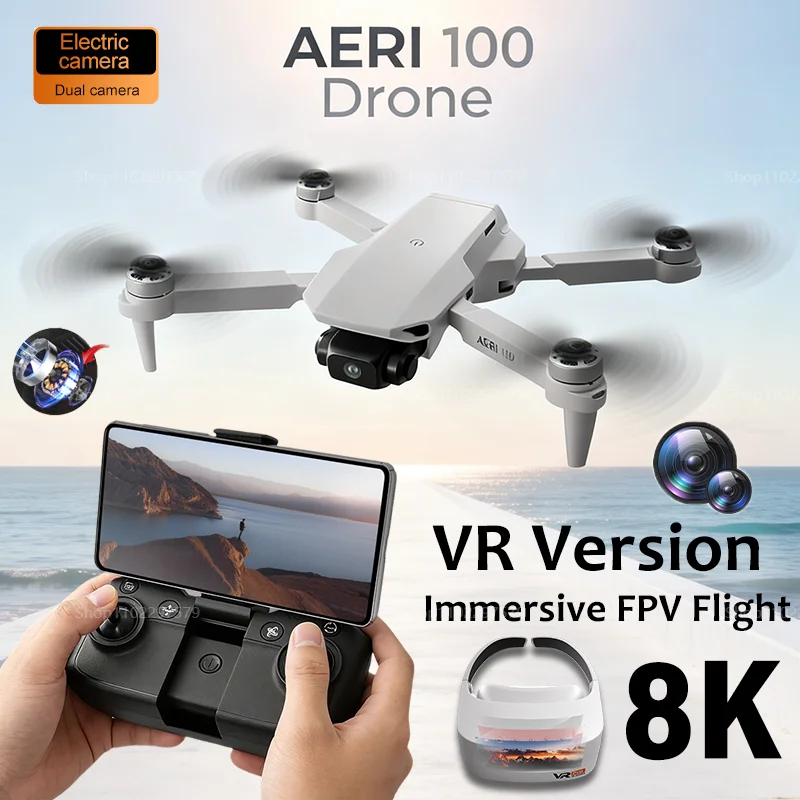 Dron Aeri100 con gafas FPV VR, 5G, WiFi, FPV, UAV, GPS, cámara dual 8K HD, gran angular, cuadricóptero RC sin escobillas, plegable, regalo volador