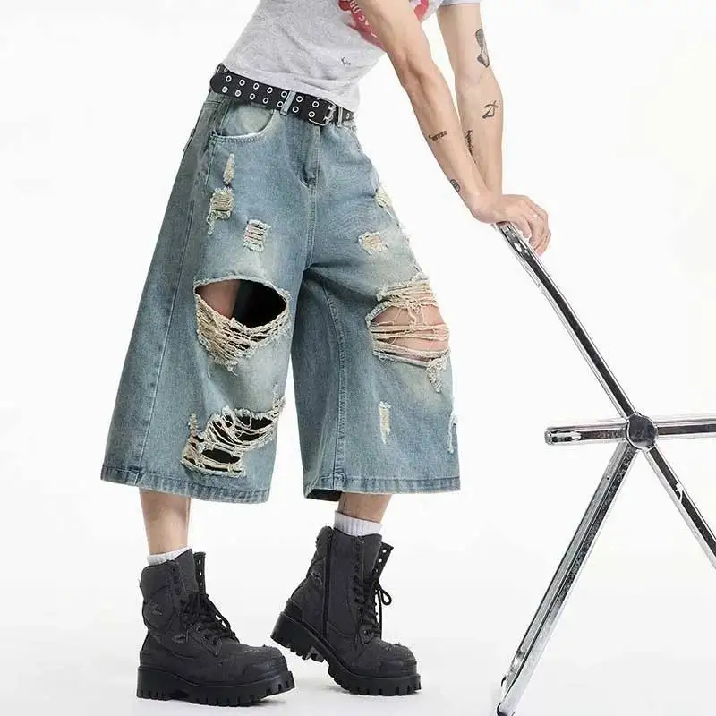 LUZHEN Niche 2026 Summer Original Personalized Broken Hole Wornout Design Straight Cropped Trousers Men's Fashion Jeans JY8884