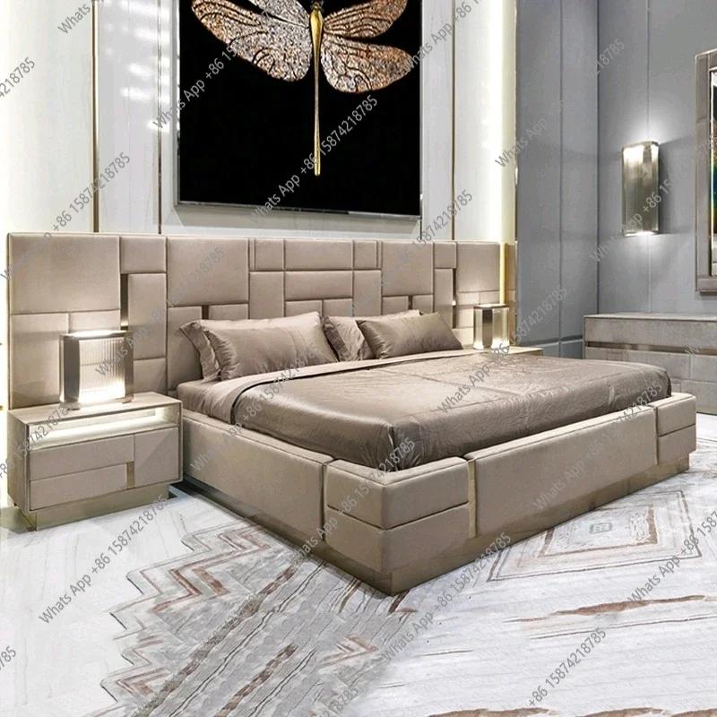 

YX MANBAS Роскошная современная кровать размера «king-size» с мягким мягким изголовьем и тумбочками для хранения вещей — мебель для спальни из натуральной кожи