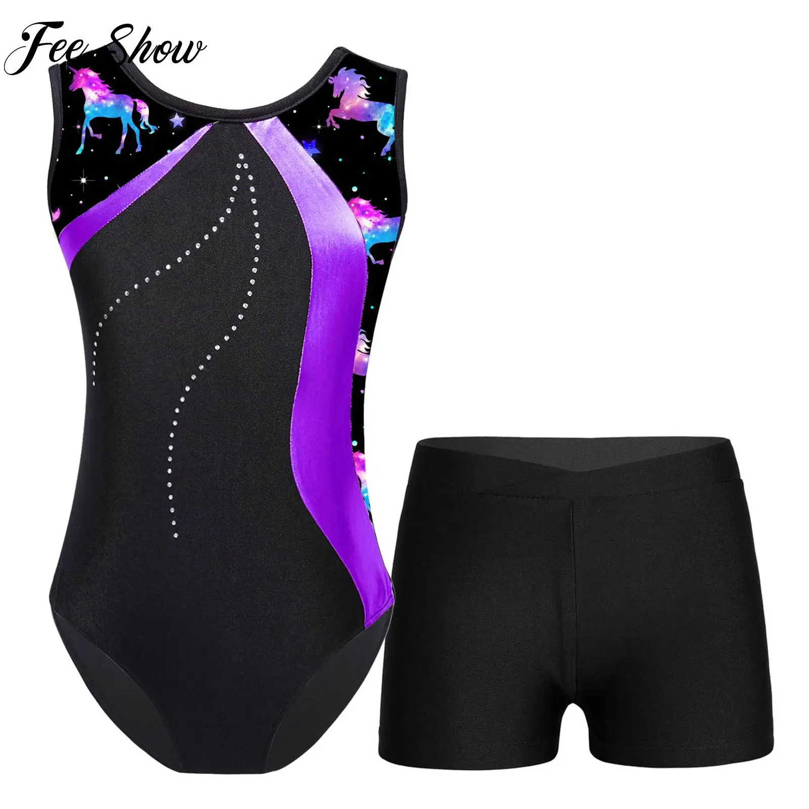 

Kids Girl Rhythmic Gymnastics Outfit Figure Skating Dance Costume Sleeveless Patchwork Leotard with Shorts for Stage Performance