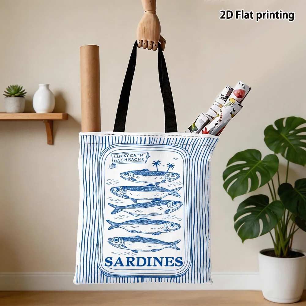 Canvas Tote Bag Showcasing Sardines in a Can Style Perfect for Travel and Carrying Takeout Items Large Capacity Shopping Bag