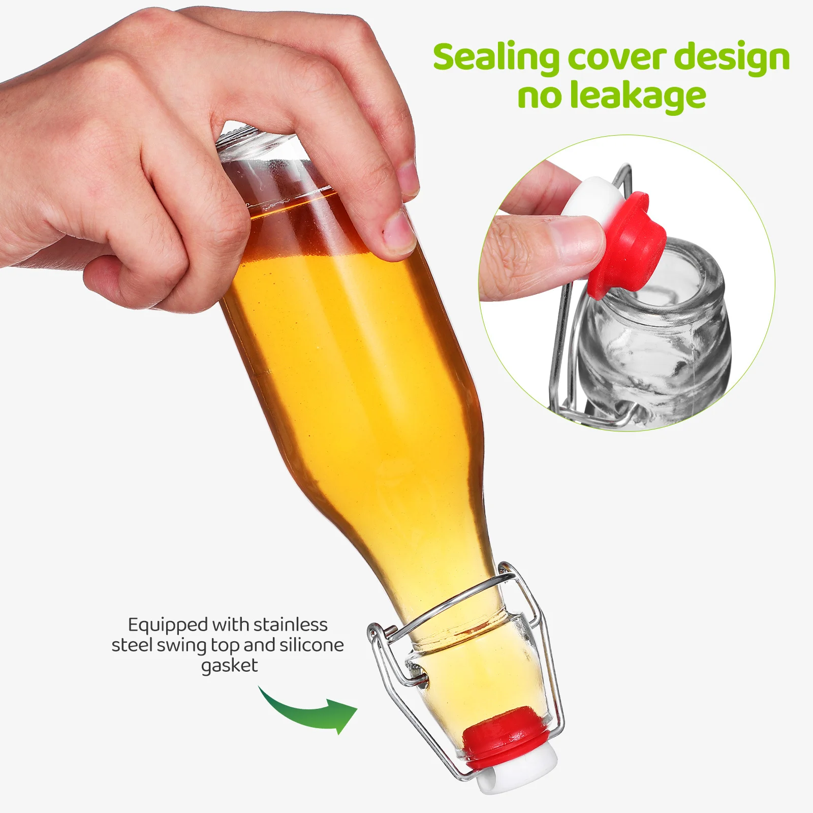 

6Pcs Swing Top Glass Bottles Leak-Proof Buckle Lid Compact Sealed Containers for Milk Tea Juice Cold Drinks Beer