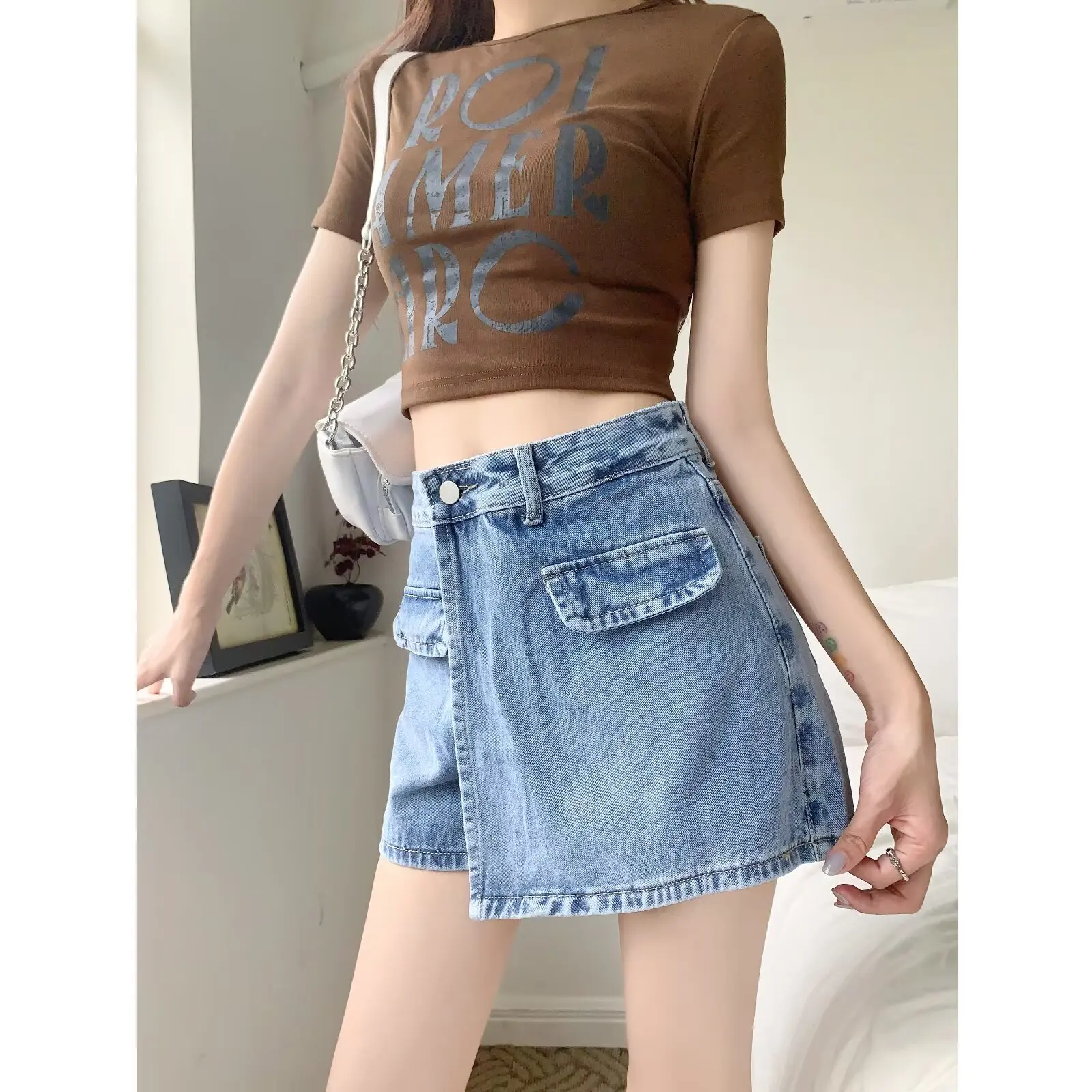 Large size women's spicy girl wearing A-line skirt, summer new chic covered meat denim shorts skirt