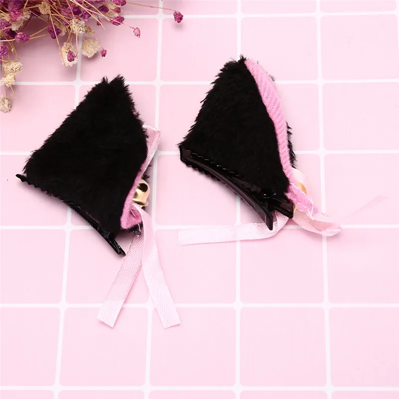 1pair Lolita White Black Cat Ears with Bell Hair Clip Cosplay Party Fox Long Fur Costume Hair Clip Halloween Gift Hair Accessory