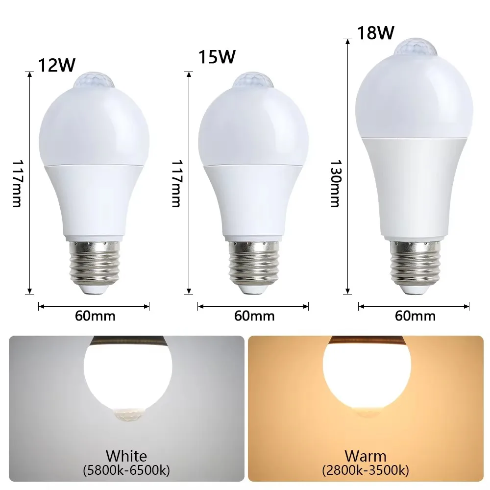 LED Motion Sensor Light Bulb 12W 15W 18W E27 110V 220V LED Bulb Lamp PIR Motion Sensor Infrared Radiation Detector Security Lamp