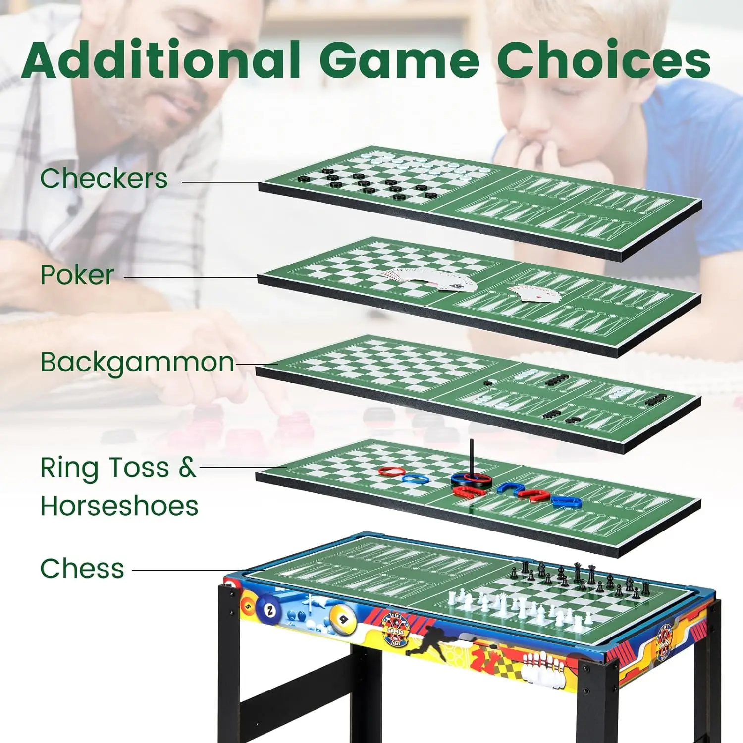 12-in-1 Multi Game Table, Combo Game Table w/Foosball, Billiard, Table Tennis, Air Hockey, Bowling, Shuffleboard, Checkers, Ches