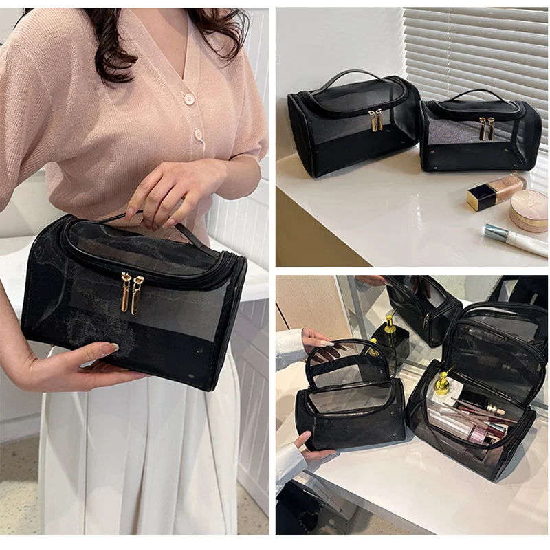 

Women Travel Black Mesh Cosmetic Bag Zipper Makeup Bag For Wash Toiletry Bag Makeup Organizer Portable Storage Pouch