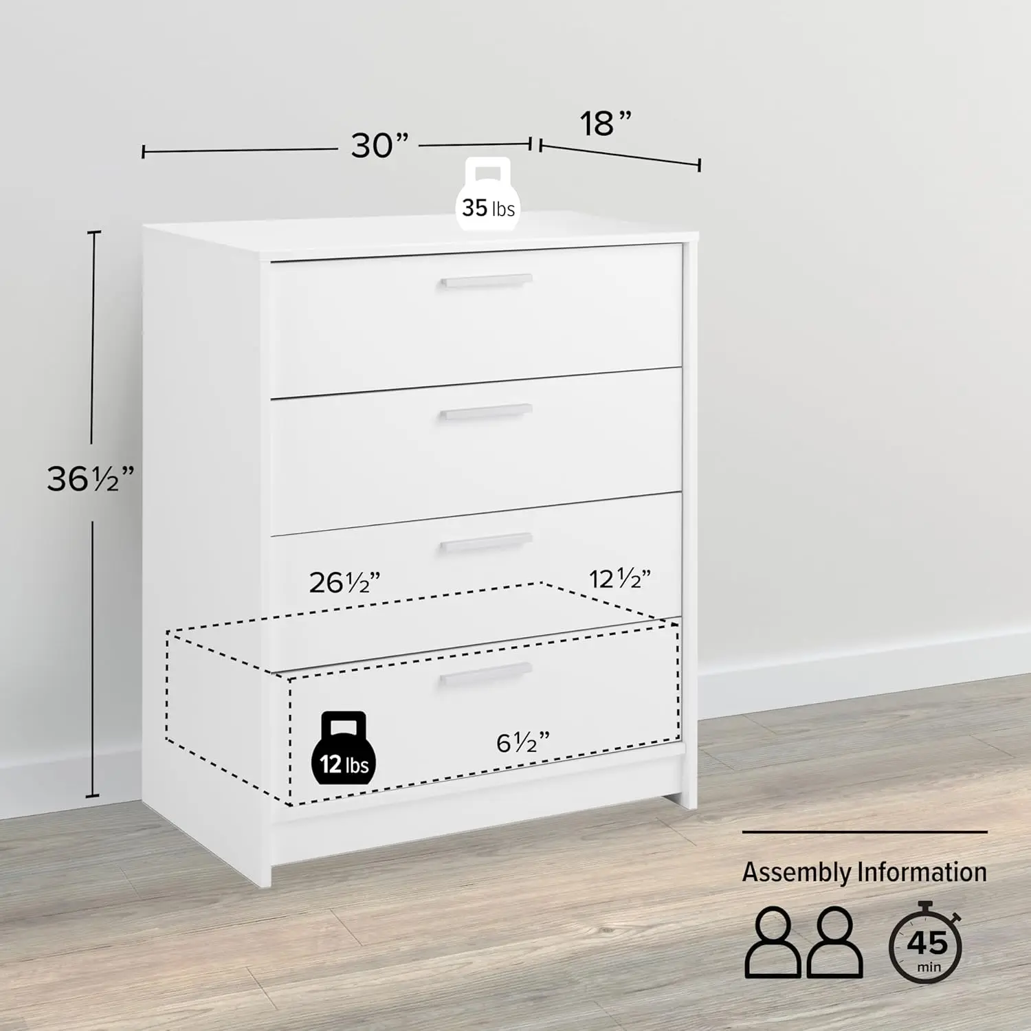 Four Drawer Dresser, 18" D X 30" W x 36.5" H, Simply White