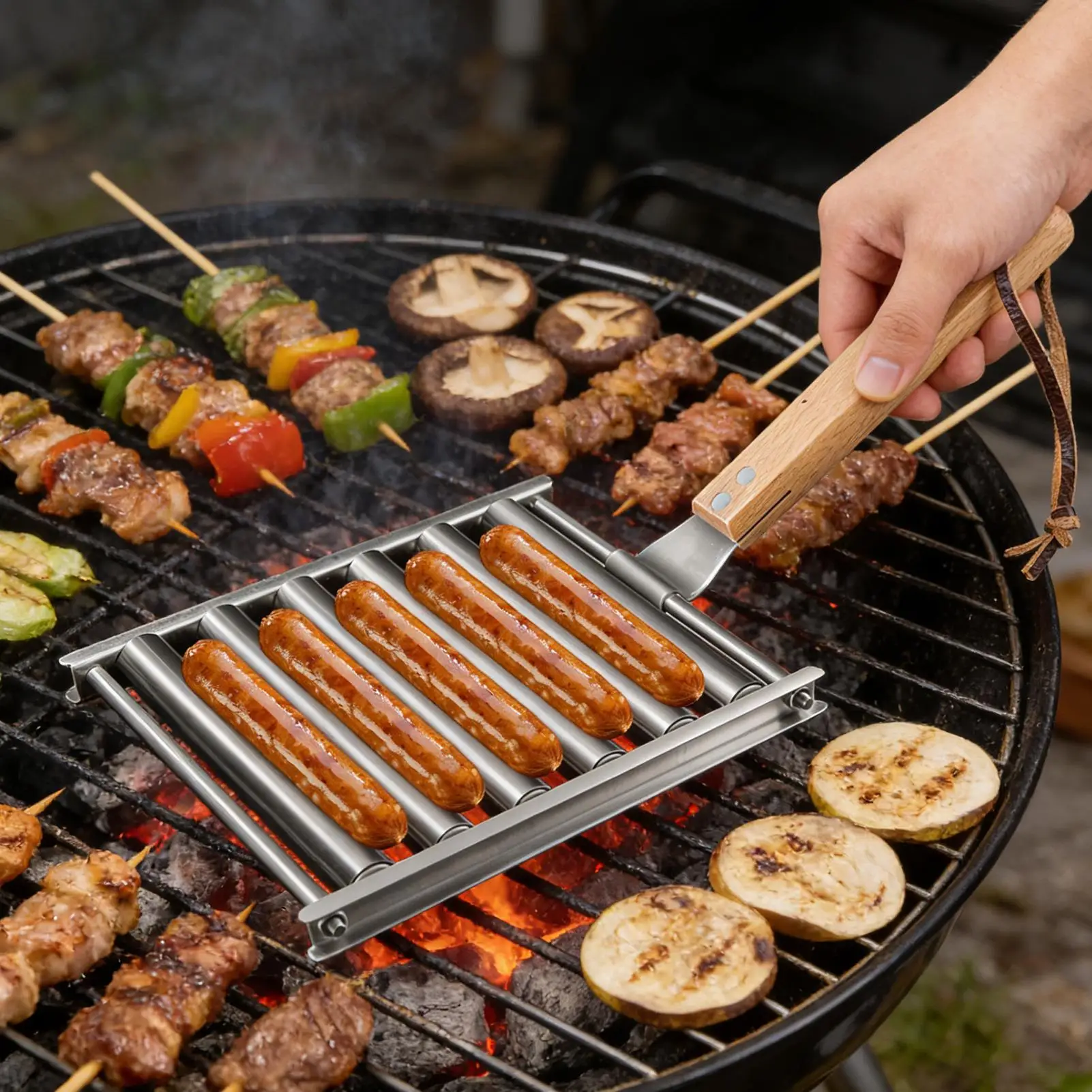 Sausage Roller BBQ Grill Rack Stainless Steel Hotdog Roller Grill Brackets Portable Non-Stick Barbecue Tool for Camping Picnic