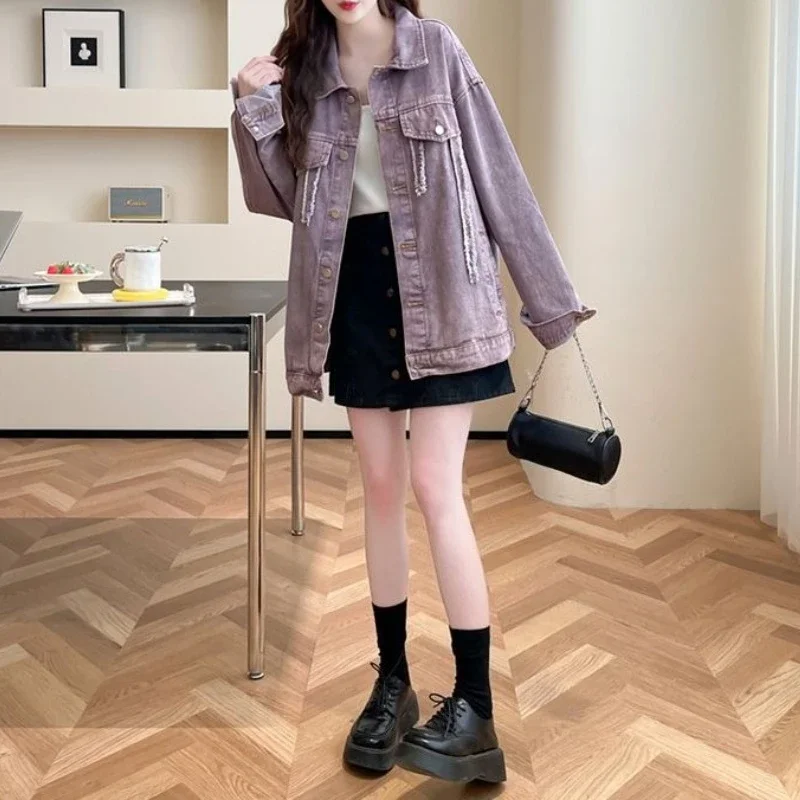Women Loose Purple Denim Jacket Spring Autumn Fashion Youthful Casual Jean Coat Outerwear 2026