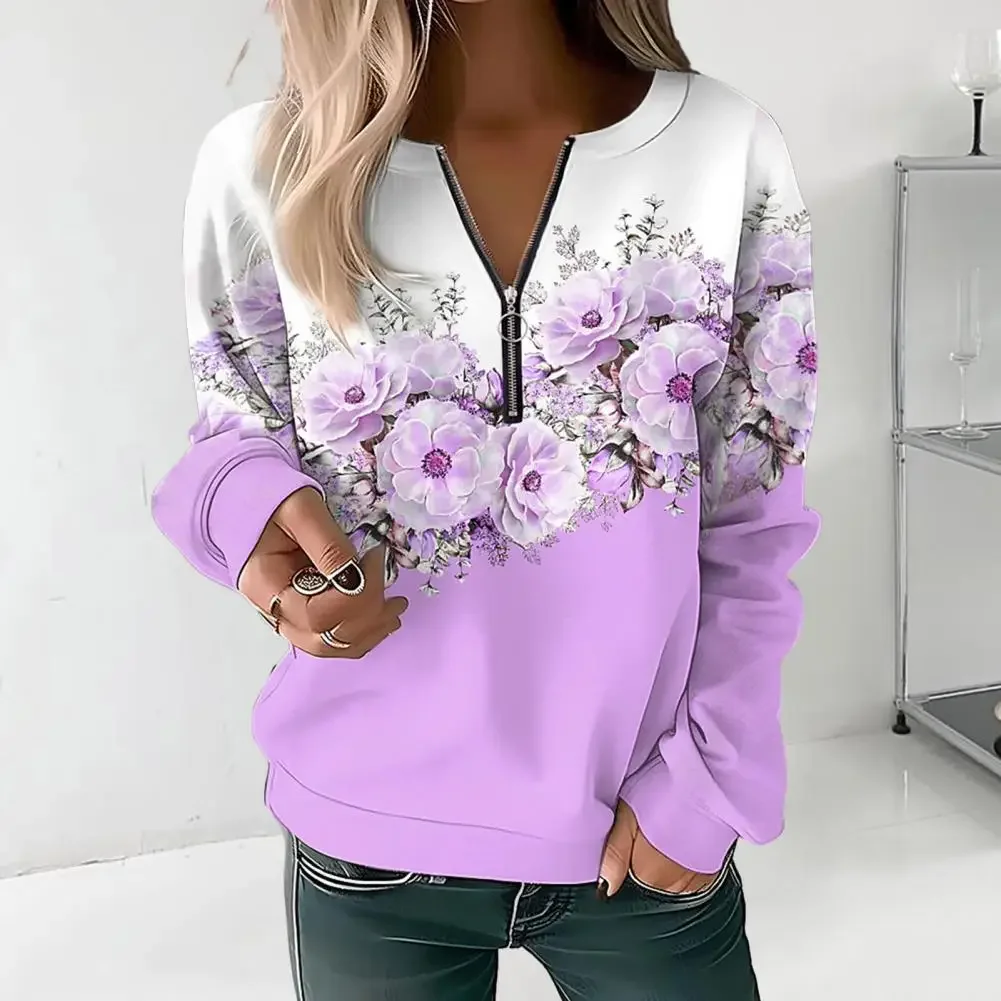 Sudadera con estampado de flores para mujer, jersey de manga larga con cuello en V y cremallera, suave, informal, grueso, elástico, Top