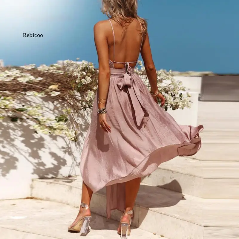 Nuove donne estate Boho Maxi abito lungo da sera abiti da spiaggia prendisole Backless Halter Dress Summer