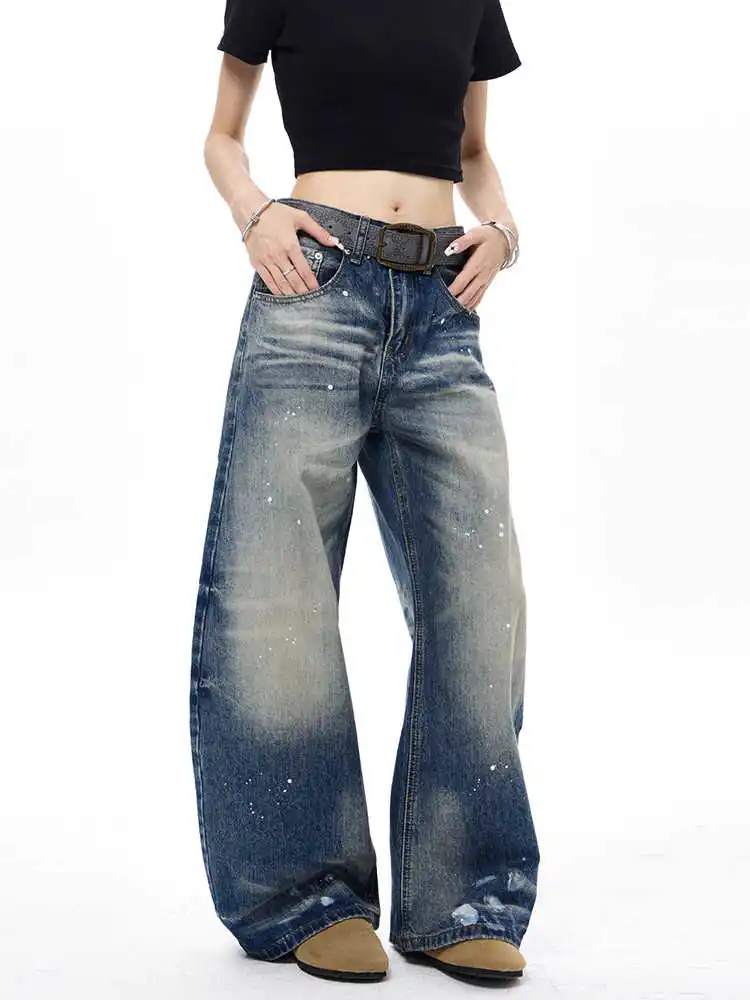 Women's Baggy Jeans Bleach Painted Denim Wide Fit Pants 2000s Y2K Harajuku Cowboy Hip-pop Cyber Punk Grunge High Street Chic New