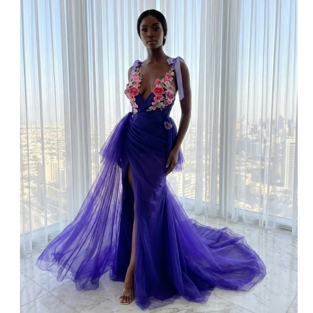 

Purple Slit Evening Dresses Spaghetti Straps Embroidery Exquisite Prom Dress Deep V Neck Party Gown Gala Vestidos Customized