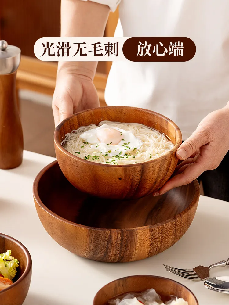 Retro Acacia Wooden Bowl Solid Wood Eating Small Large Wood Noodle Soup Tableware Salad Wooden Bowl
