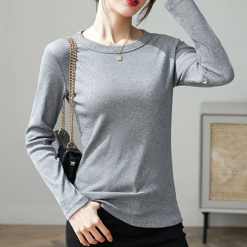 Tee Shirt Femme Spring Autumn Korean Fashion Clothes Long Sleeve T Shirt For Women Solid Basic Tshirt O Neck Slim Tops Female