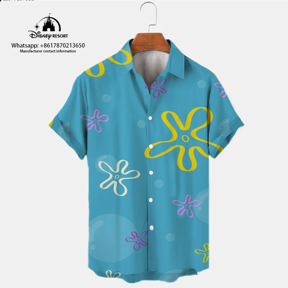 Camisa informal de Bob Esponja para hombre, camisa de manga corta con solapa que combina con todo, moda de Anime, Harajuku Street, novedad de verano