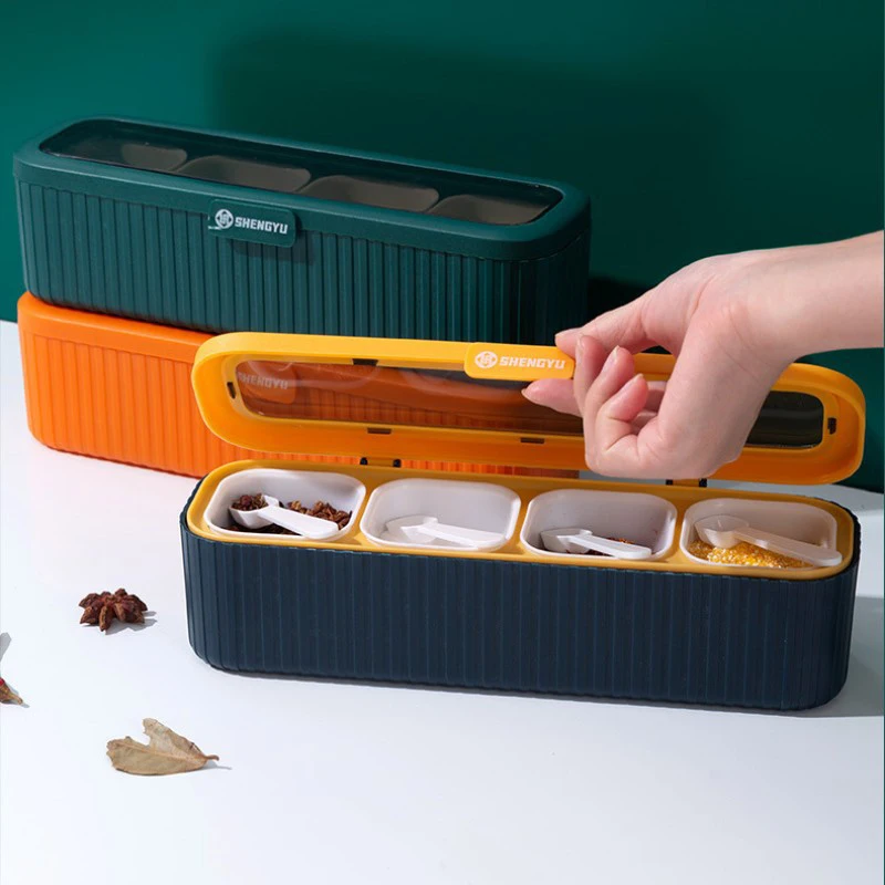 Household kitchen seasoning box with spoon spice storage combination set, four compartment seasoning box