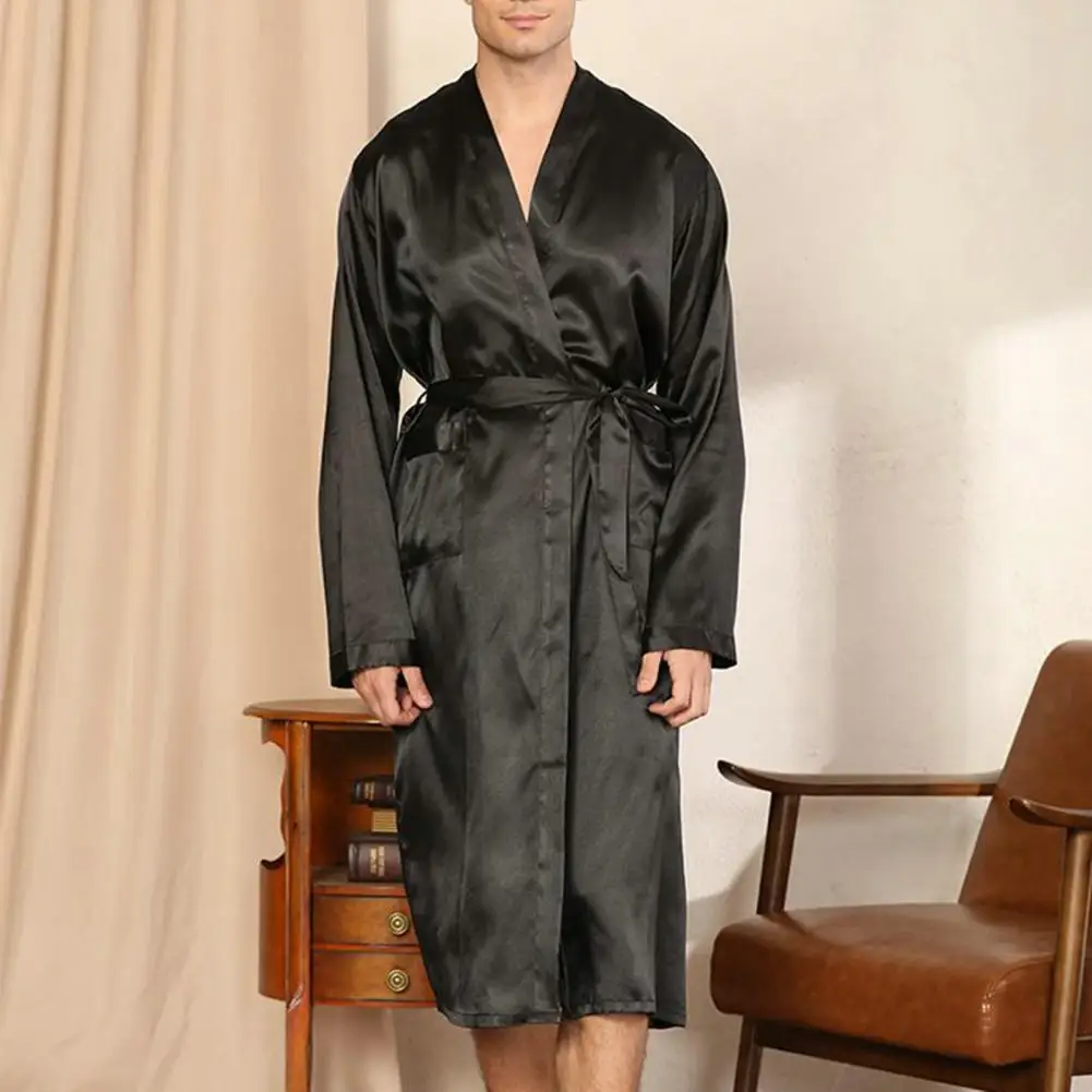 Men Bathrobe Long Nightgown Soft Silk Dressing Gown Bathrobe Lace Up Waist Belted Side Pockets Bathrobe Homewear Bath Robe