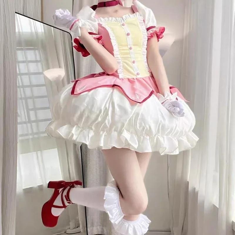 Kaname Madoka Cosplay Costume Wig Anime Puella Magi Madoka Magica Pink Dress Halloween Party Uniform Outfit for Women