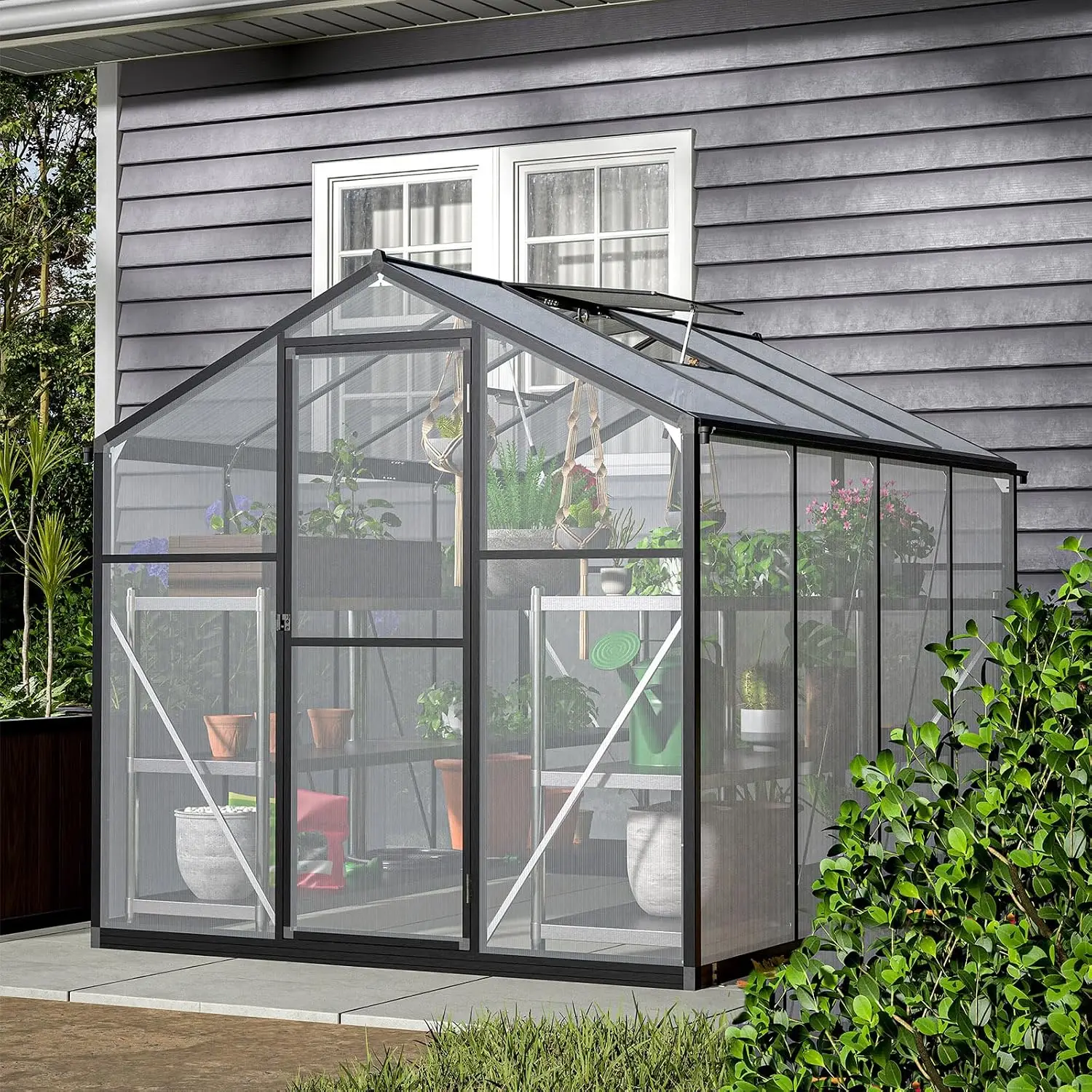 Walk-in Greenhouse UV-Coated Polycarbonate Aluminum Frame 2 Adjustable Vents Lockable Door 6x8 FT Backyard Garden, Customized