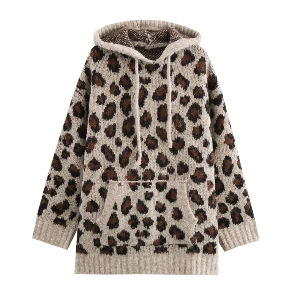 Women's animal pattern jacquard drawstring hooded knitted sweatshirt long sleeved autumn and winter new loose sweater jacket